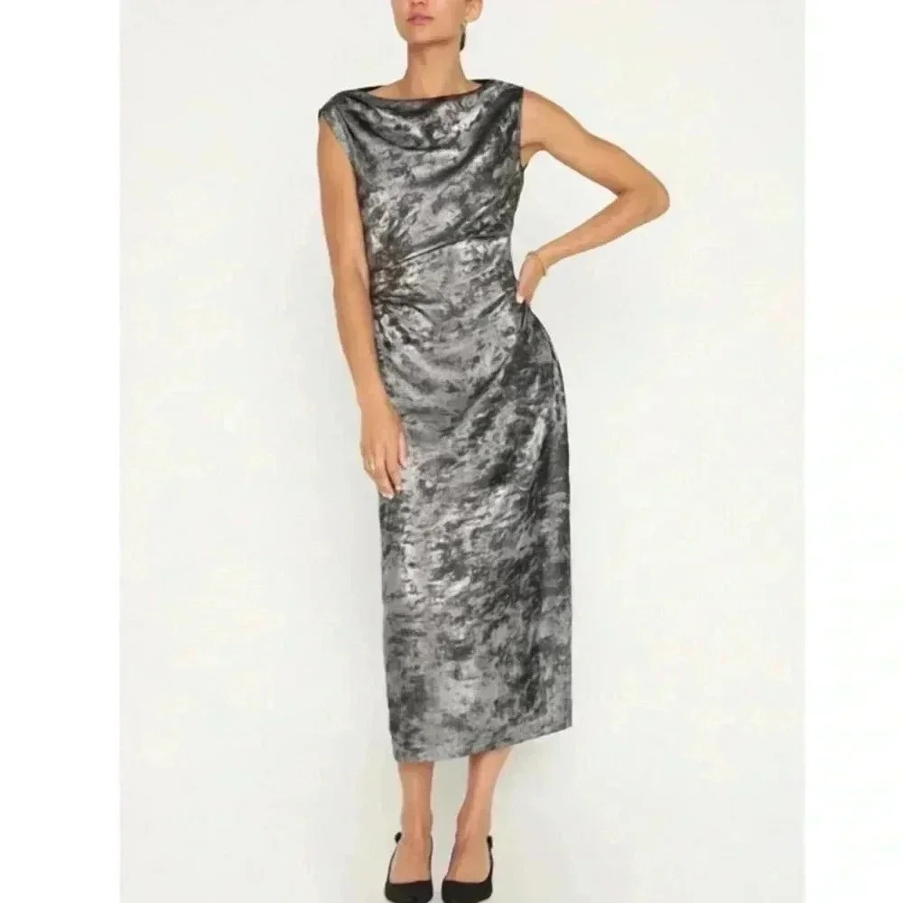BROCHU WALKER trey draped waist dress in galaxy silver Size small NWT
